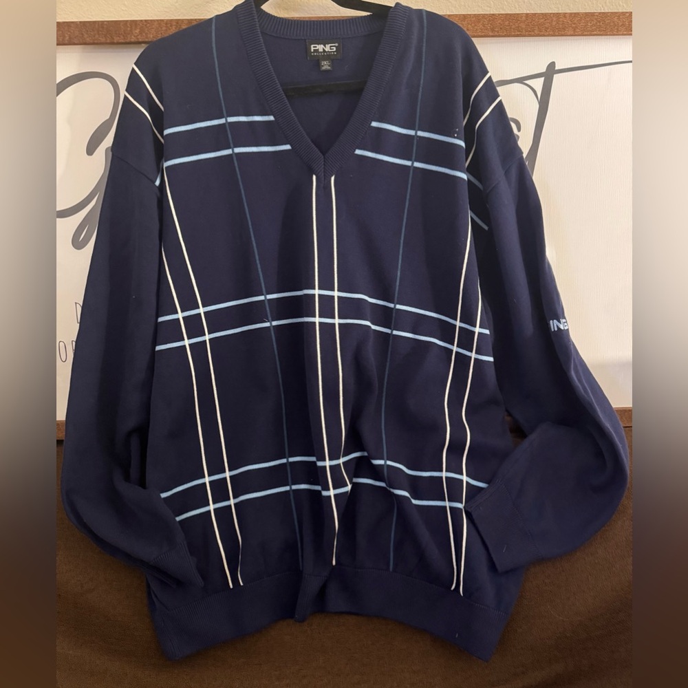 Ping Men's V-Neck  golf Sweater in Navy and Light Blue 100% cotton